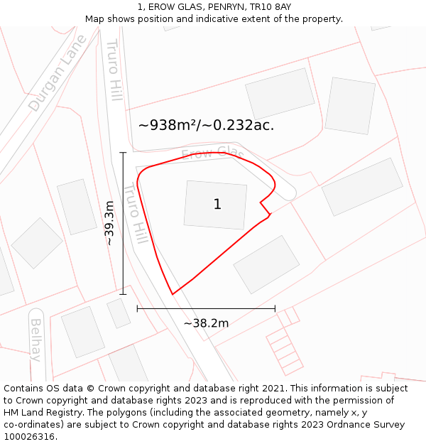 1, EROW GLAS, PENRYN, TR10 8AY: Plot and title map