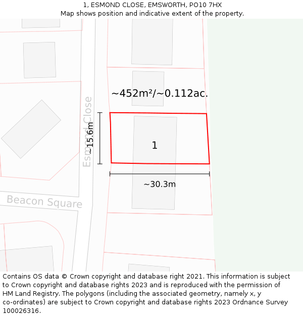 1, ESMOND CLOSE, EMSWORTH, PO10 7HX: Plot and title map