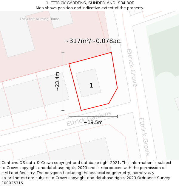 1, ETTRICK GARDENS, SUNDERLAND, SR4 8QF: Plot and title map