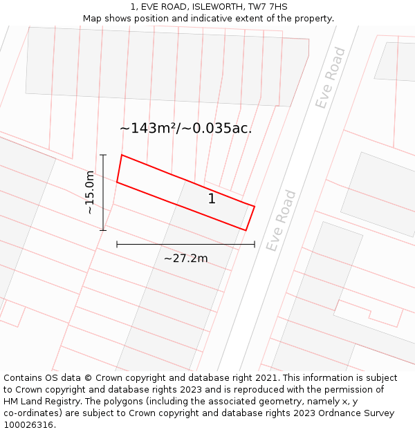 1, EVE ROAD, ISLEWORTH, TW7 7HS: Plot and title map