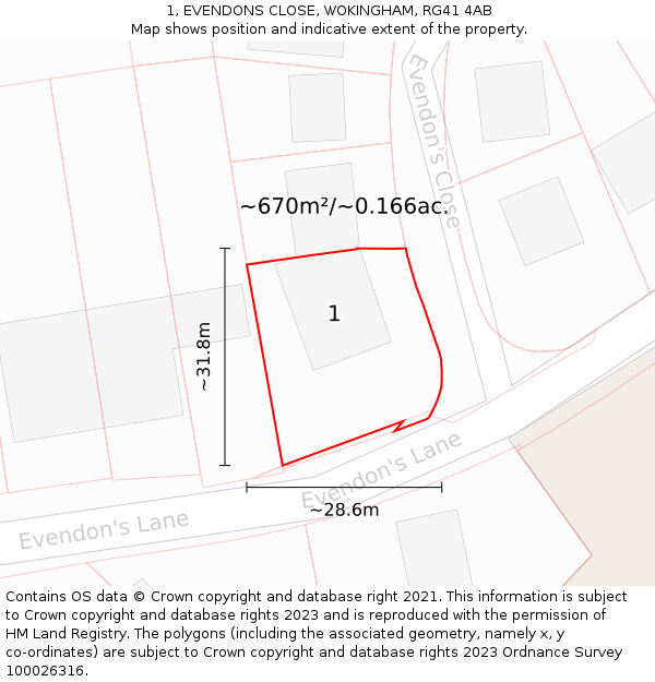 1, EVENDONS CLOSE, WOKINGHAM, RG41 4AB: Plot and title map