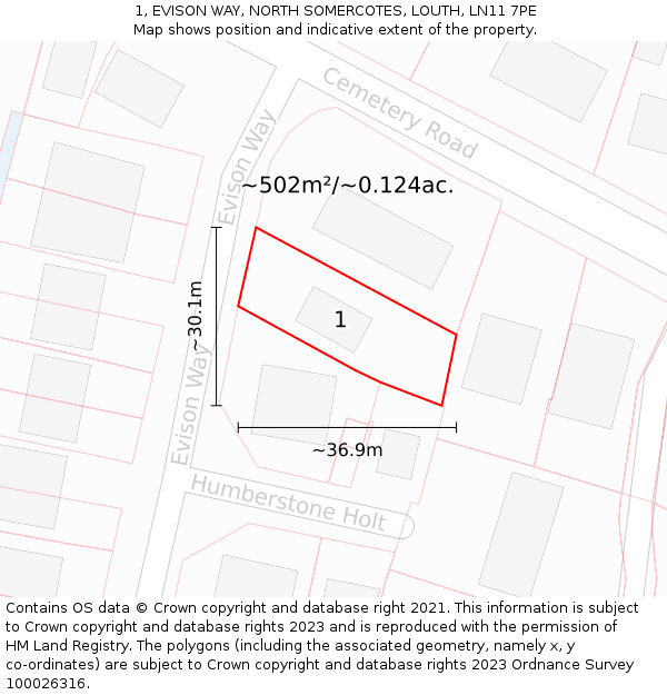 1, EVISON WAY, NORTH SOMERCOTES, LOUTH, LN11 7PE: Plot and title map