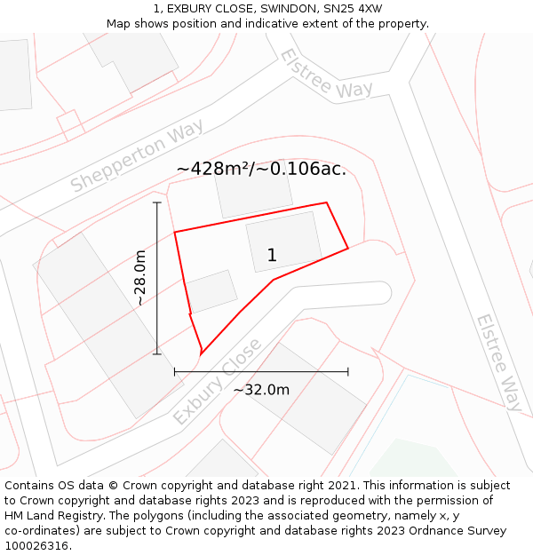 1, EXBURY CLOSE, SWINDON, SN25 4XW: Plot and title map