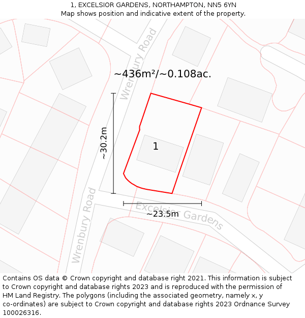 1, EXCELSIOR GARDENS, NORTHAMPTON, NN5 6YN: Plot and title map