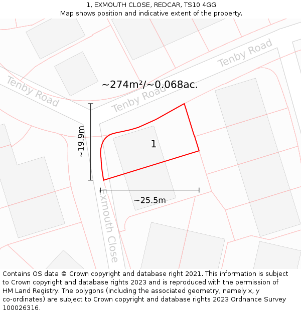 1, EXMOUTH CLOSE, REDCAR, TS10 4GG: Plot and title map