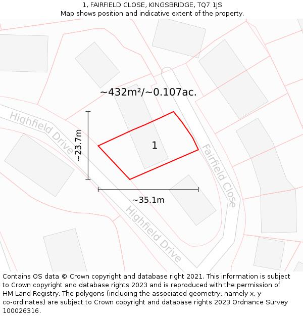 1, FAIRFIELD CLOSE, KINGSBRIDGE, TQ7 1JS: Plot and title map