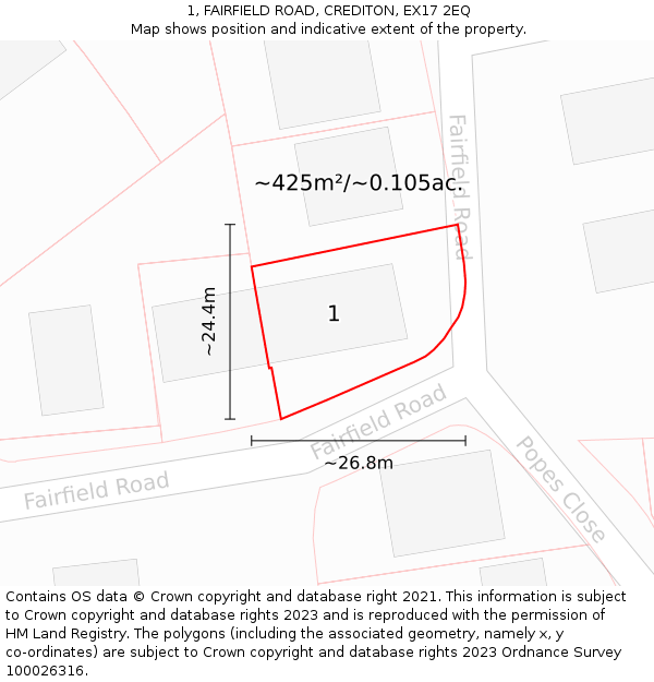 1, FAIRFIELD ROAD, CREDITON, EX17 2EQ: Plot and title map