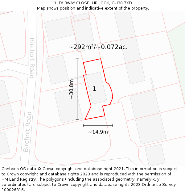 1, FAIRWAY CLOSE, LIPHOOK, GU30 7XD: Plot and title map