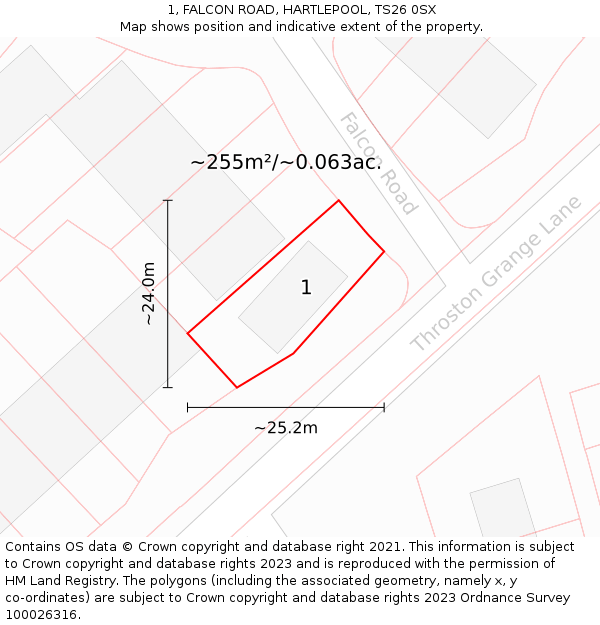 1, FALCON ROAD, HARTLEPOOL, TS26 0SX: Plot and title map