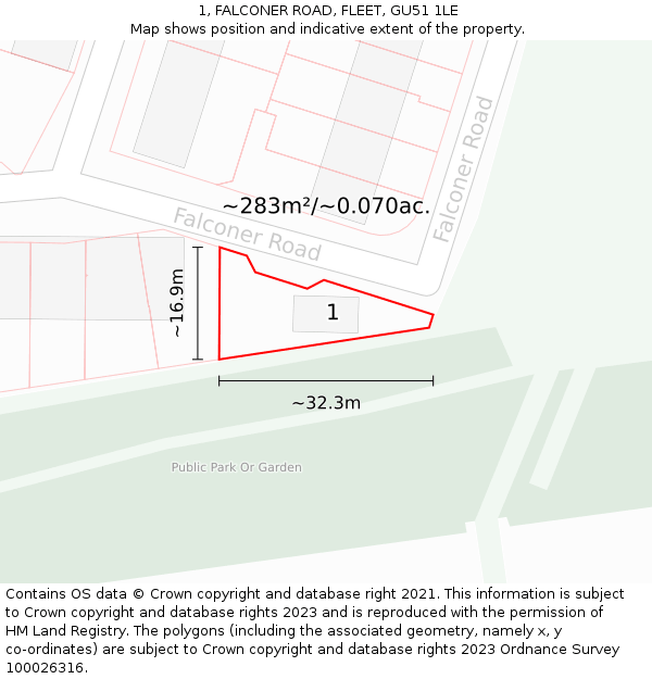 1, FALCONER ROAD, FLEET, GU51 1LE: Plot and title map