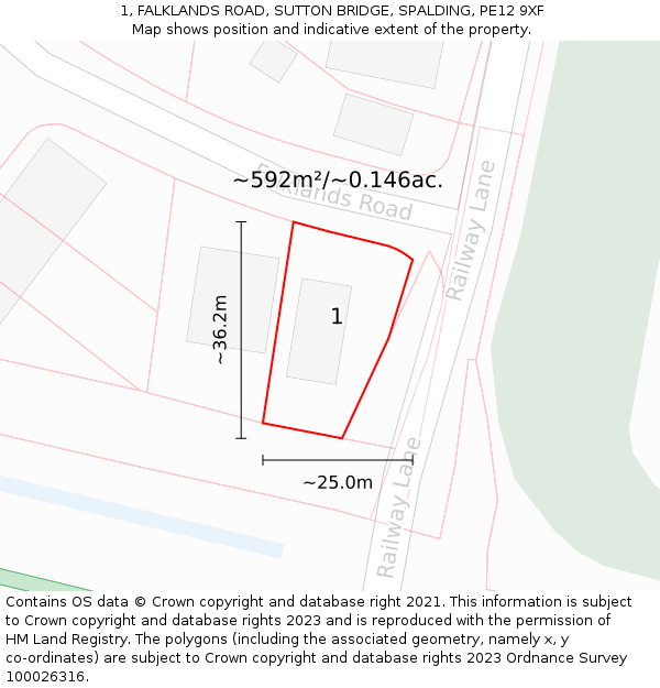 1, FALKLANDS ROAD, SUTTON BRIDGE, SPALDING, PE12 9XF: Plot and title map