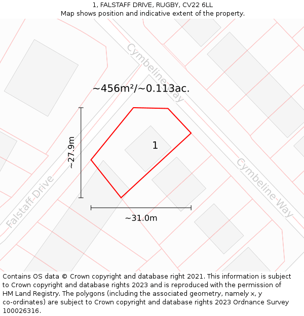 1, FALSTAFF DRIVE, RUGBY, CV22 6LL: Plot and title map