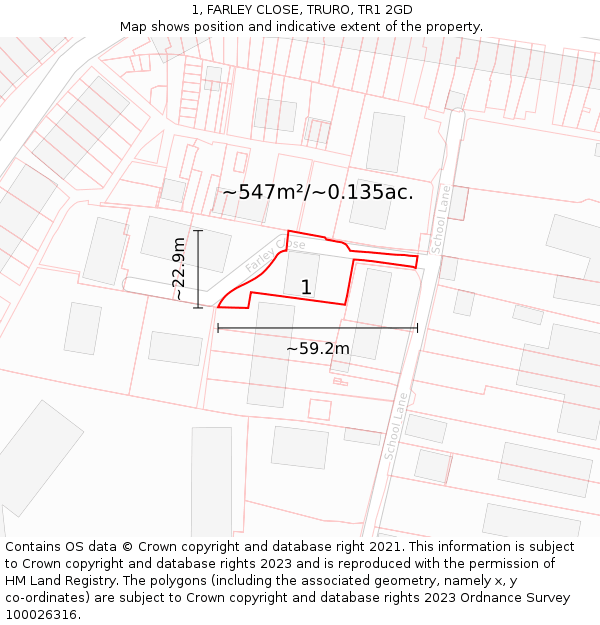 1, FARLEY CLOSE, TRURO, TR1 2GD: Plot and title map