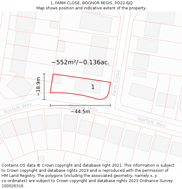 1, FARM CLOSE, BOGNOR REGIS, PO22 6JQ: Plot and title map