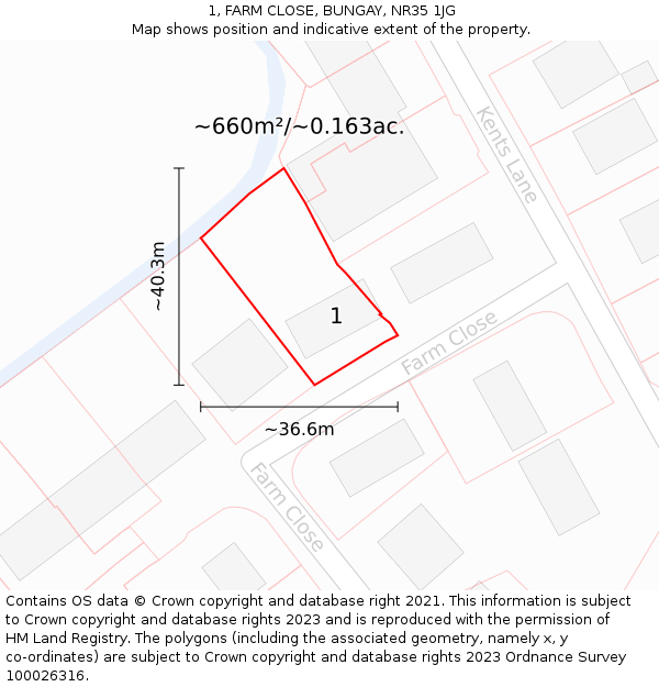 1, FARM CLOSE, BUNGAY, NR35 1JG: Plot and title map