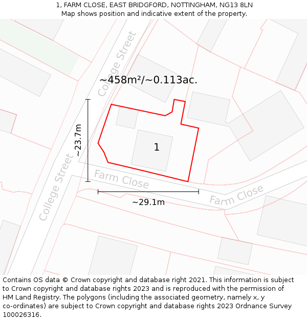 1, FARM CLOSE, EAST BRIDGFORD, NOTTINGHAM, NG13 8LN: Plot and title map