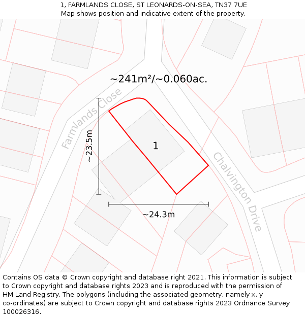 1, FARMLANDS CLOSE, ST LEONARDS-ON-SEA, TN37 7UE: Plot and title map