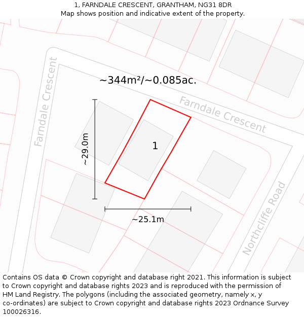 1, FARNDALE CRESCENT, GRANTHAM, NG31 8DR: Plot and title map