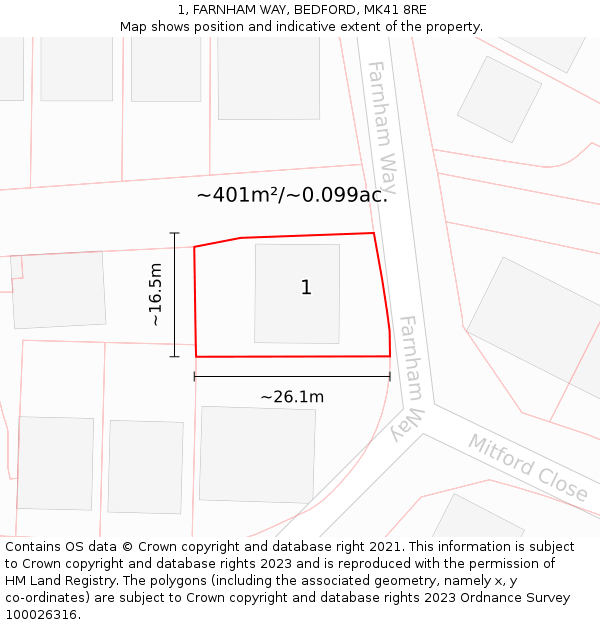 1, FARNHAM WAY, BEDFORD, MK41 8RE: Plot and title map