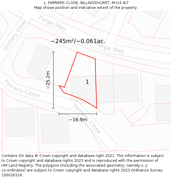 1, FARRIERS CLOSE, BILLINGSHURST, RH14 9LT: Plot and title map