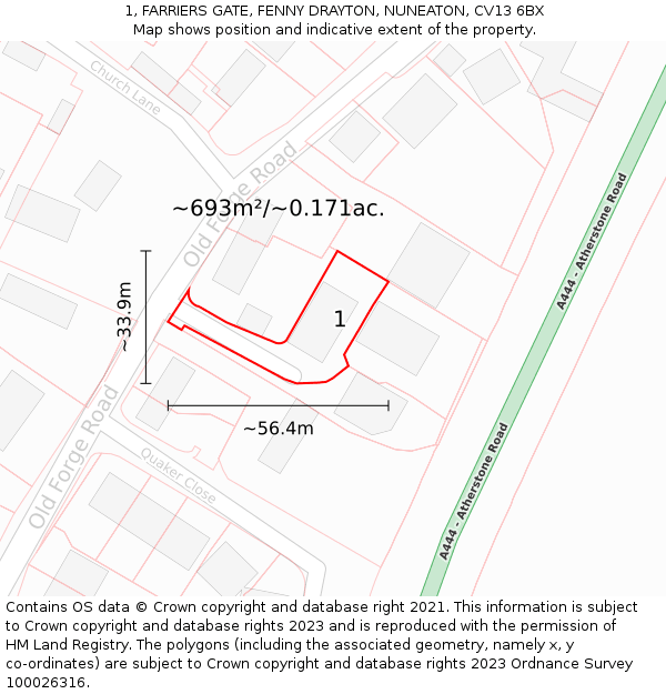 1, FARRIERS GATE, FENNY DRAYTON, NUNEATON, CV13 6BX: Plot and title map