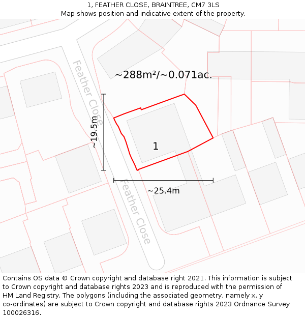 1, FEATHER CLOSE, BRAINTREE, CM7 3LS: Plot and title map