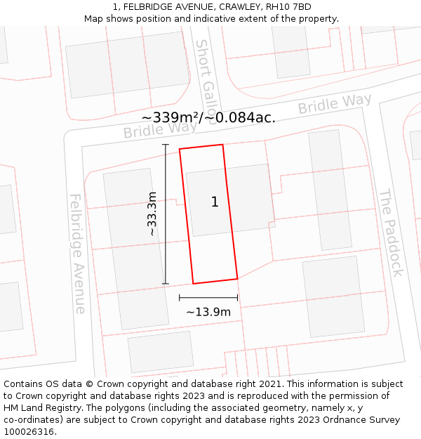 1, FELBRIDGE AVENUE, CRAWLEY, RH10 7BD: Plot and title map