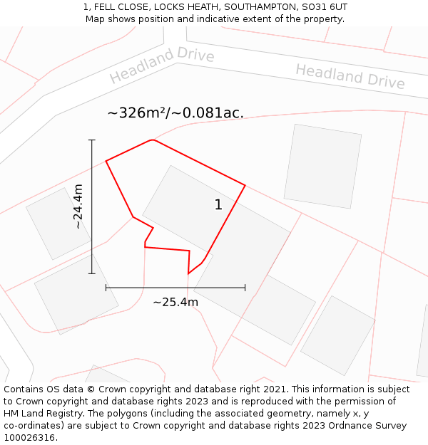 1, FELL CLOSE, LOCKS HEATH, SOUTHAMPTON, SO31 6UT: Plot and title map