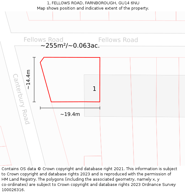 1, FELLOWS ROAD, FARNBOROUGH, GU14 6NU: Plot and title map