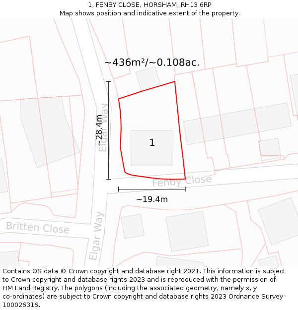 1, FENBY CLOSE, HORSHAM, RH13 6RP: Plot and title map