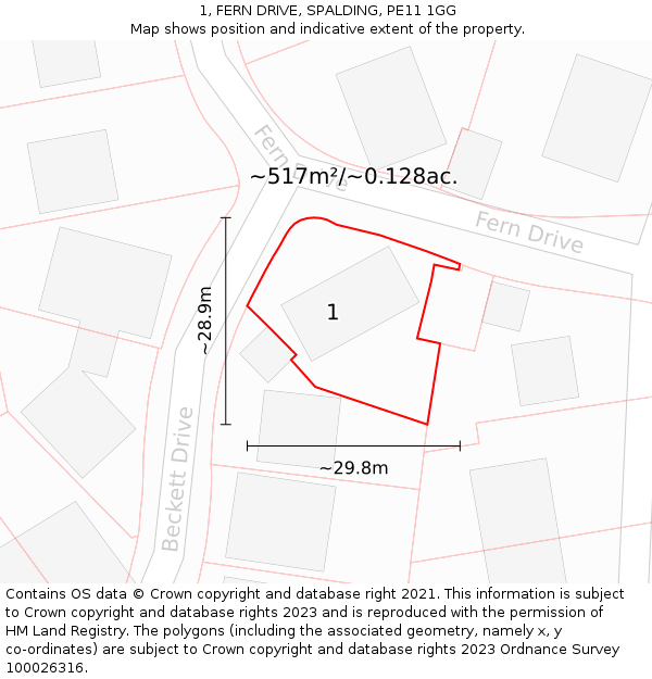 1, FERN DRIVE, SPALDING, PE11 1GG: Plot and title map