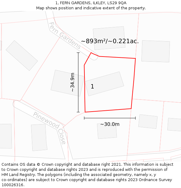 1, FERN GARDENS, ILKLEY, LS29 9QA: Plot and title map