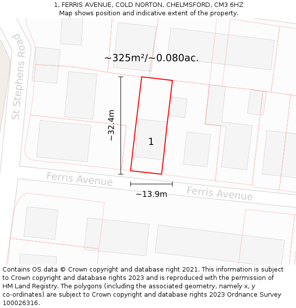 1, FERRIS AVENUE, COLD NORTON, CHELMSFORD, CM3 6HZ: Plot and title map