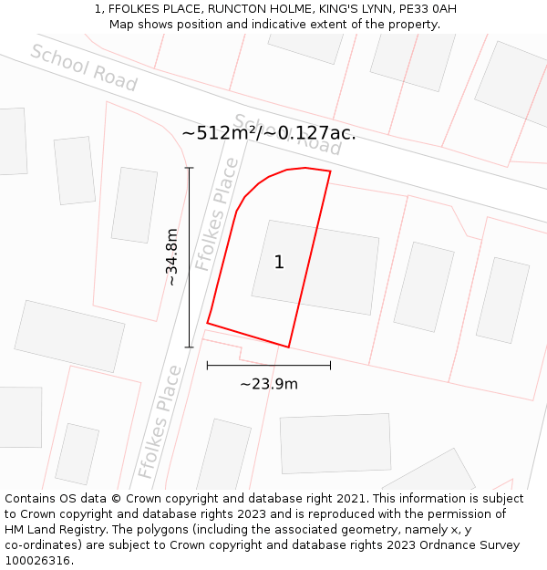 1, FFOLKES PLACE, RUNCTON HOLME, KING'S LYNN, PE33 0AH: Plot and title map