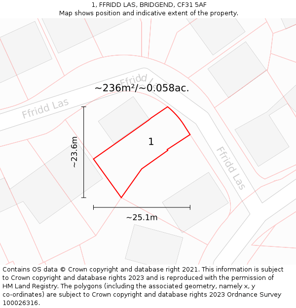 1, FFRIDD LAS, BRIDGEND, CF31 5AF: Plot and title map