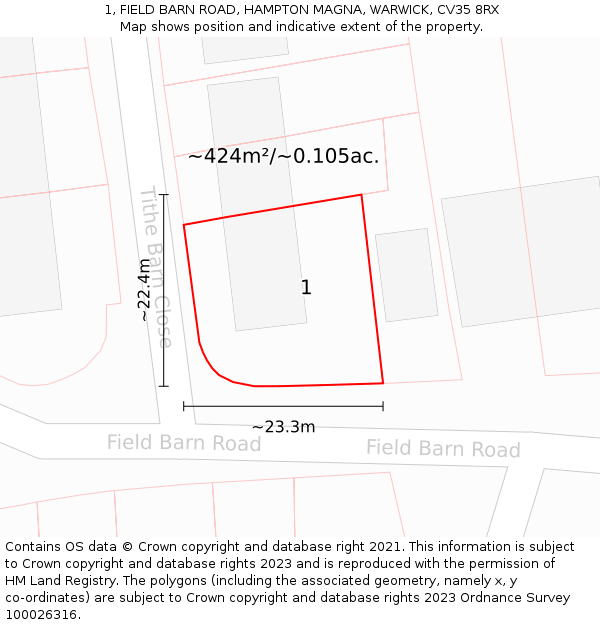 1, FIELD BARN ROAD, HAMPTON MAGNA, WARWICK, CV35 8RX: Plot and title map