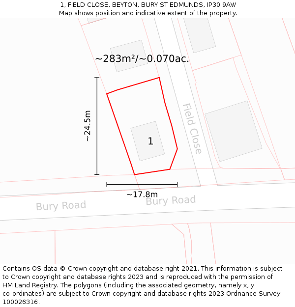 1, FIELD CLOSE, BEYTON, BURY ST EDMUNDS, IP30 9AW: Plot and title map