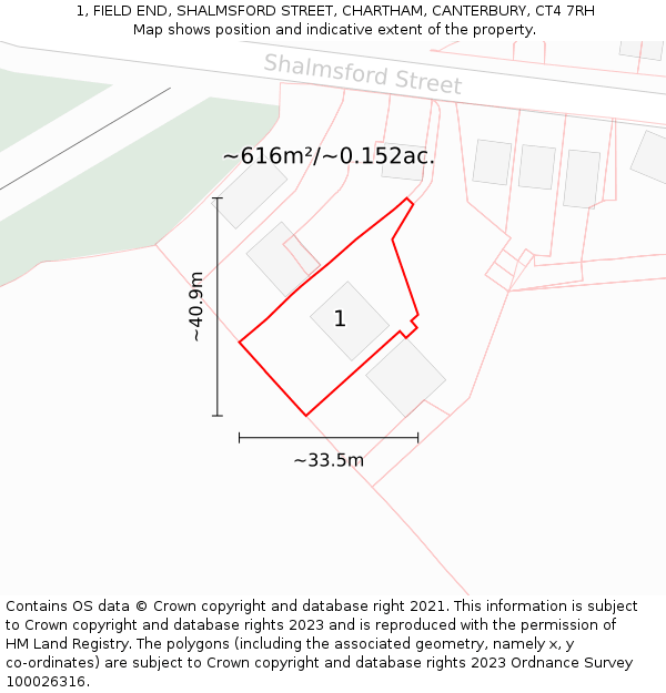 1, FIELD END, SHALMSFORD STREET, CHARTHAM, CANTERBURY, CT4 7RH: Plot and title map