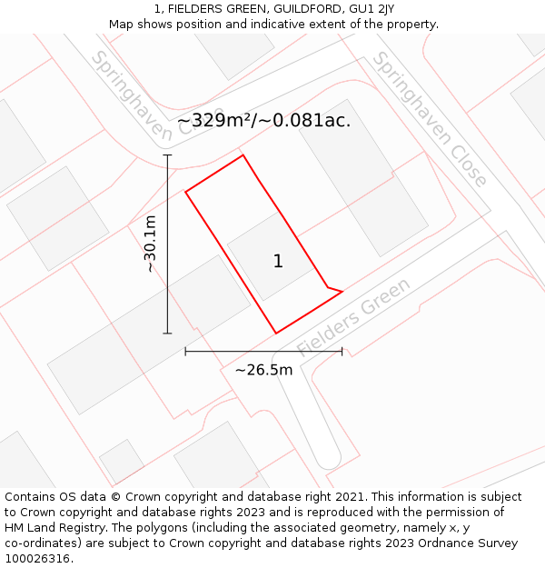 1, FIELDERS GREEN, GUILDFORD, GU1 2JY: Plot and title map