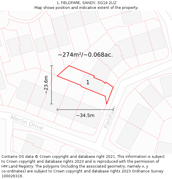 1, FIELDFARE, SANDY, SG19 2UZ: Plot and title map