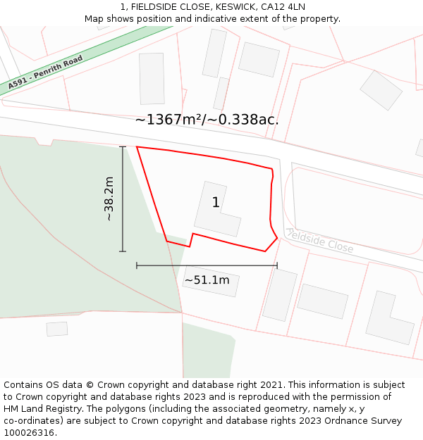 1, FIELDSIDE CLOSE, KESWICK, CA12 4LN: Plot and title map