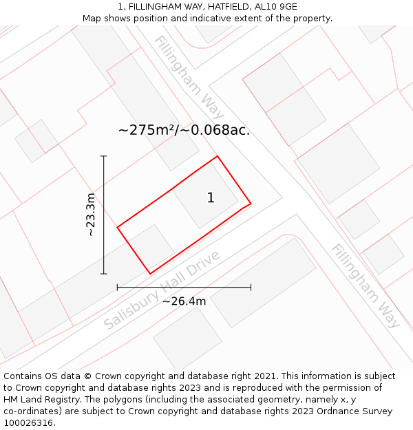 1, FILLINGHAM WAY, HATFIELD, AL10 9GE: Plot and title map