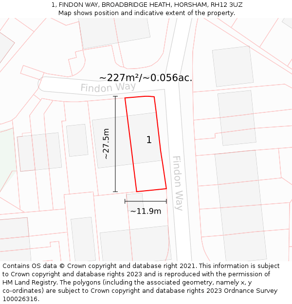 1, FINDON WAY, BROADBRIDGE HEATH, HORSHAM, RH12 3UZ: Plot and title map