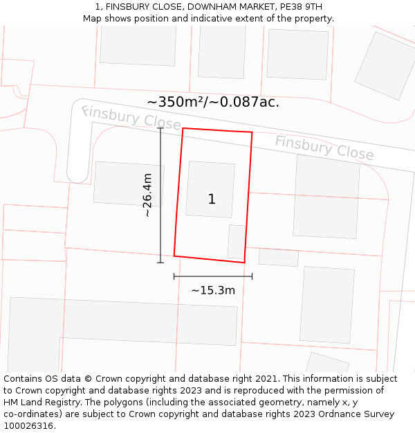 1, FINSBURY CLOSE, DOWNHAM MARKET, PE38 9TH: Plot and title map