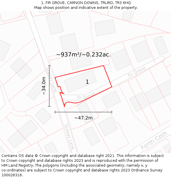 1, FIR GROVE, CARNON DOWNS, TRURO, TR3 6HQ: Plot and title map