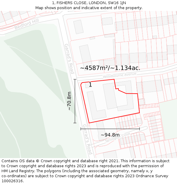 1, FISHERS CLOSE, LONDON, SW16 1JN: Plot and title map