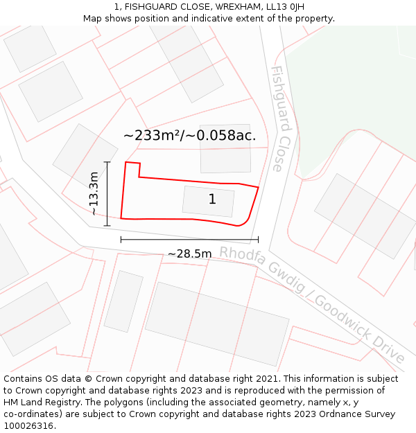 1, FISHGUARD CLOSE, WREXHAM, LL13 0JH: Plot and title map