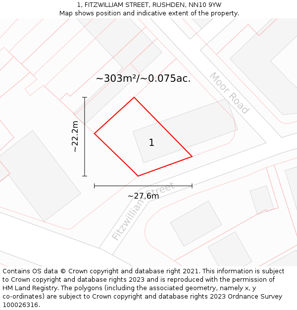 1, FITZWILLIAM STREET, RUSHDEN, NN10 9YW: Plot and title map