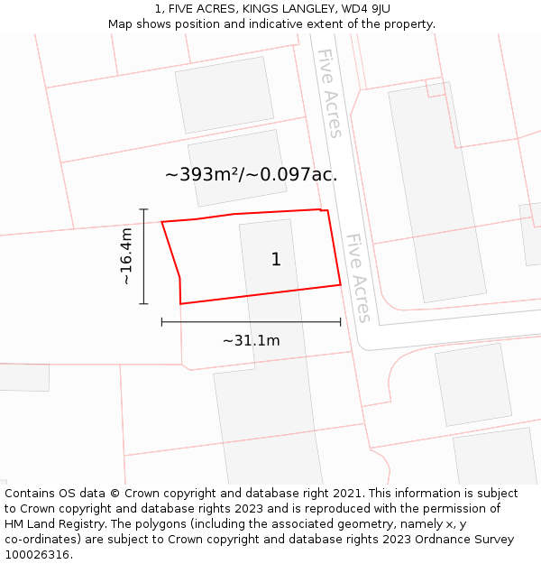 1, FIVE ACRES, KINGS LANGLEY, WD4 9JU: Plot and title map