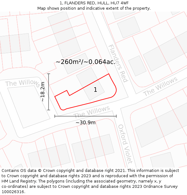 1, FLANDERS RED, HULL, HU7 4WF: Plot and title map